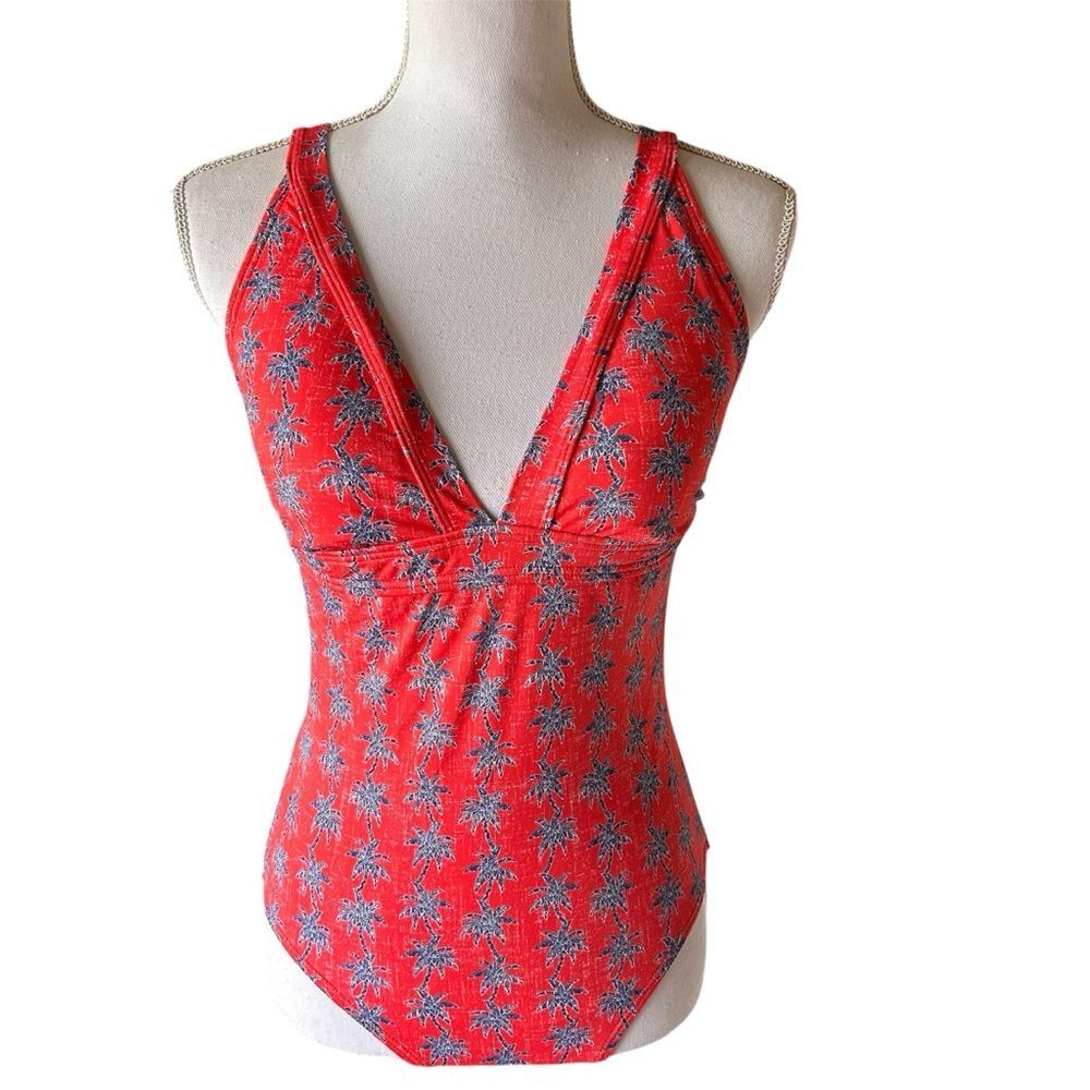 Reyn Spooner One Piece Swimsuit Red Palm Tree Print V Neck Size 8 NWT